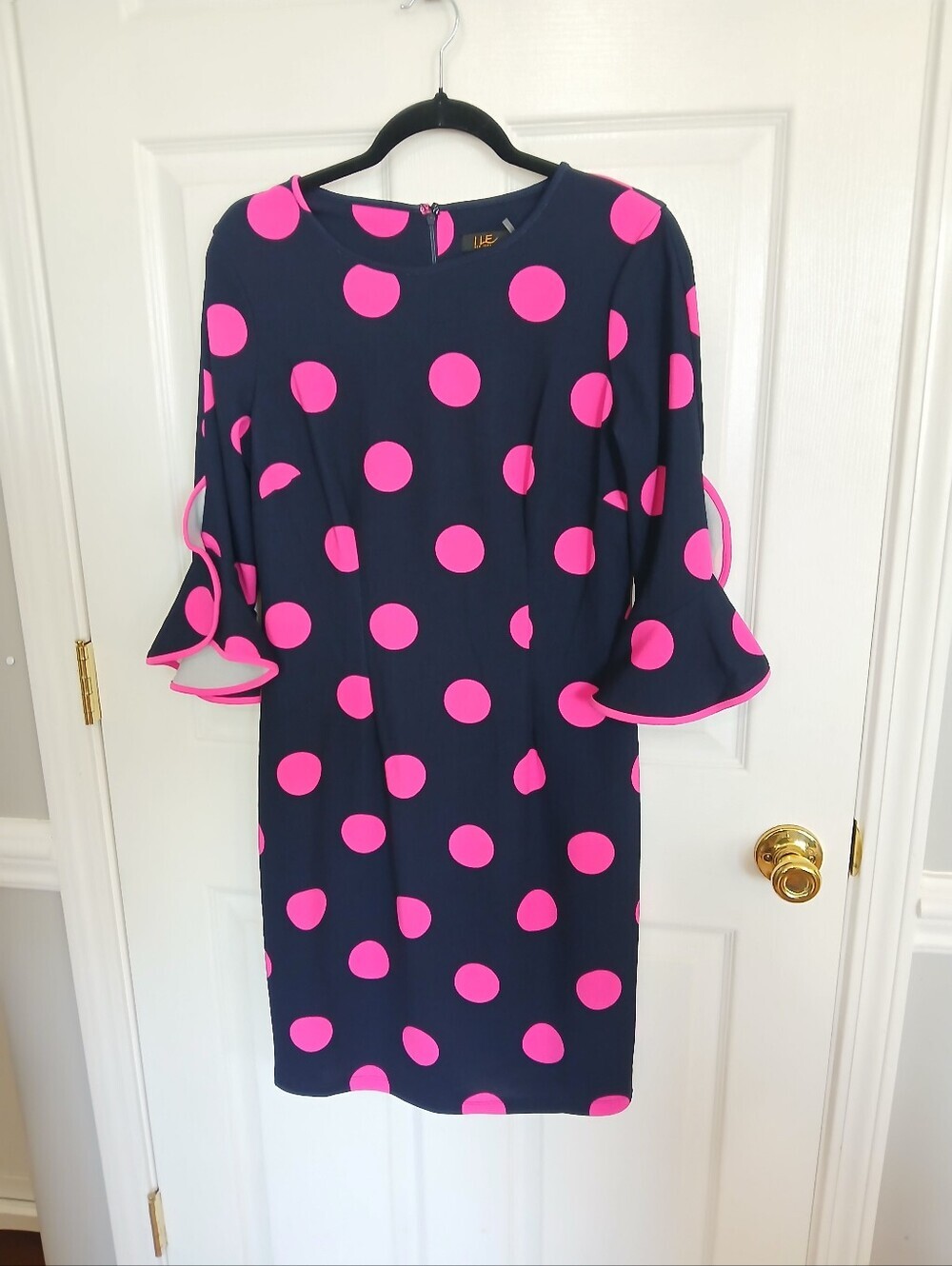 I Le New York Navy Dress with Bright Pink Polka Dots Bell Sleeves Wedding Guest